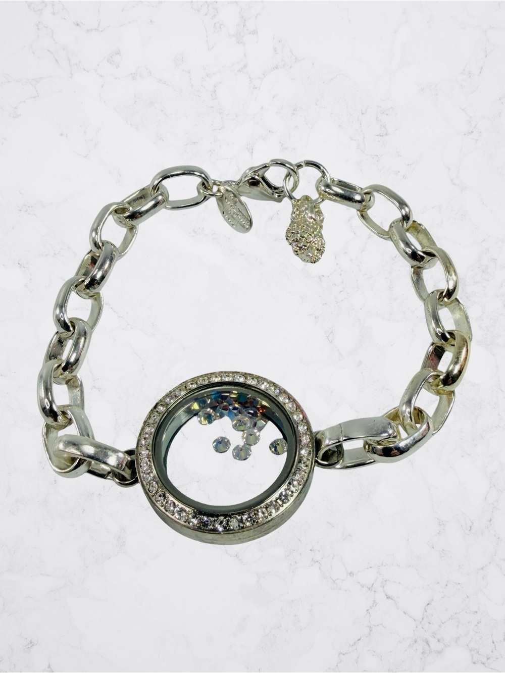 Oragami Owl Charm Living Locket Bracelet Round Rhinestone Silver Tone Link Chain